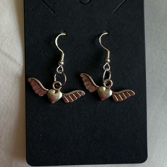 Hearts with wings earrings sterling silver hooks Artisan - Picture 3 of 6